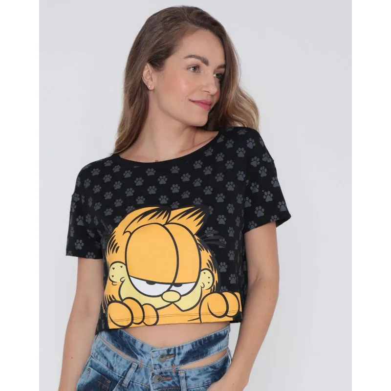 Camiseta Feminina Cropped Garfield Gangster Preto G