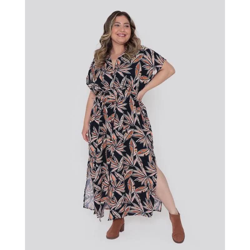 Vestido Plus Size Longo Estampa Folhas Azul Marinho G3