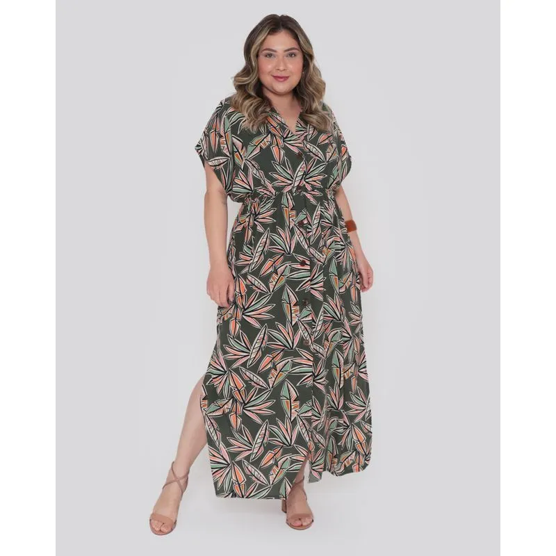 Vestido Plus Size Longo Estampa Folhas Verde G3