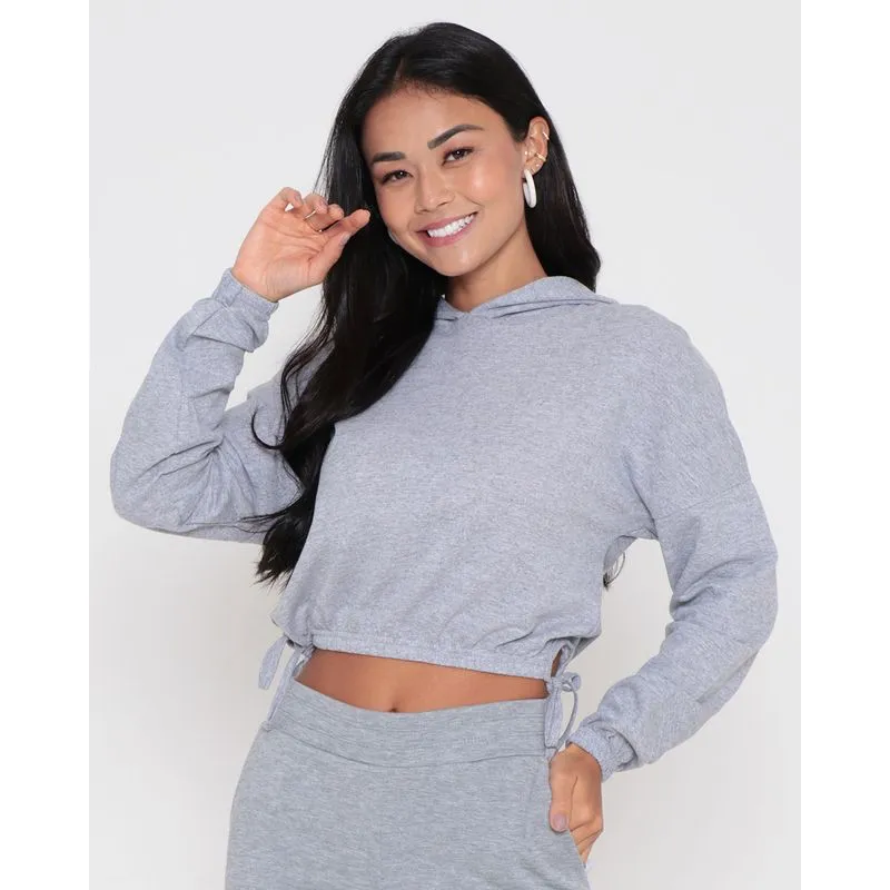 Blusa Cropped Moletinho Com Capuz E Laço Lateral Cinza Claro GG