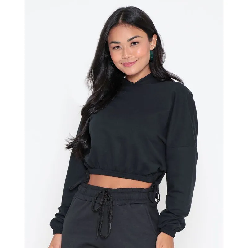 Blusa Cropped Moletinho Com Capuz E Laço Lateral Preto G