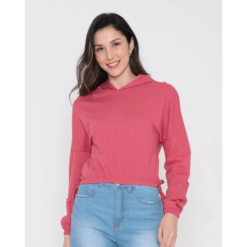 Blusa Cropped Moletinho Com Capuz E Laço Lateral Rosa P