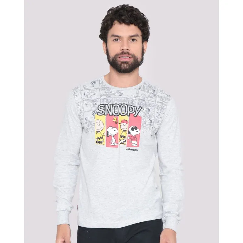 Camiseta Masculina Manga Longa Gangster Snoopy Cinza P