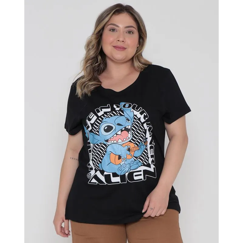 Blusa Plus Size Feminina Manga Curta Stitch Disney Preta G3