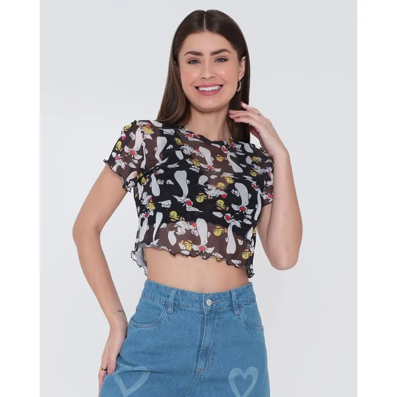 Blusa Cropped Frufru Tule Looney Tunes Preto M