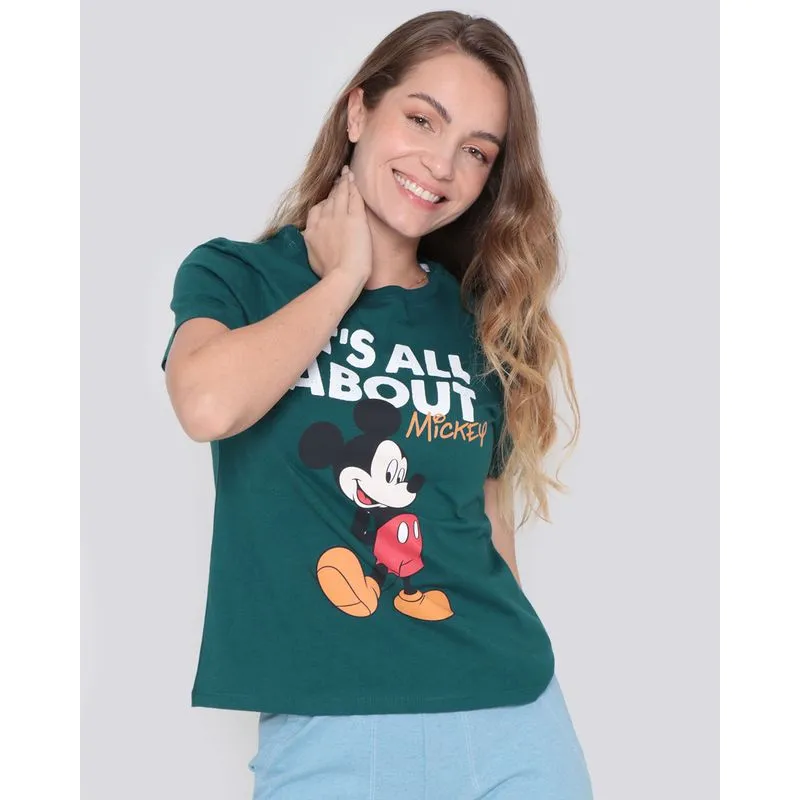 Camiseta Feminina Algodão Disney Mickey Manga Curta Verde GG