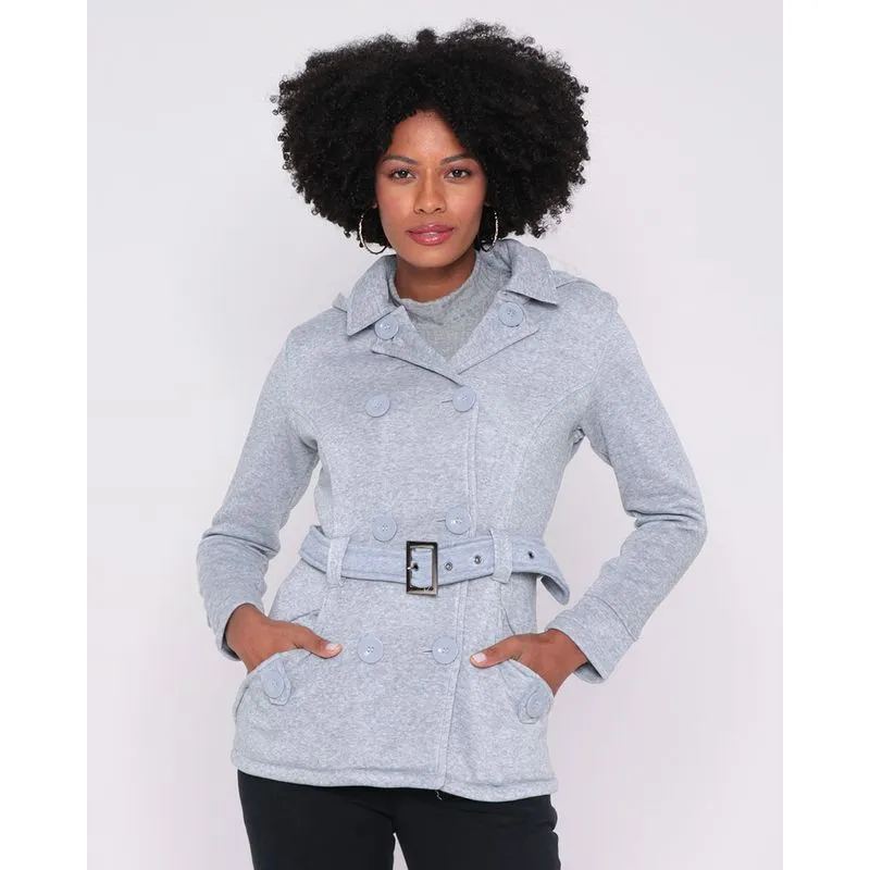 Parka Moletom Feminina Botões Com Capuz Cinza M