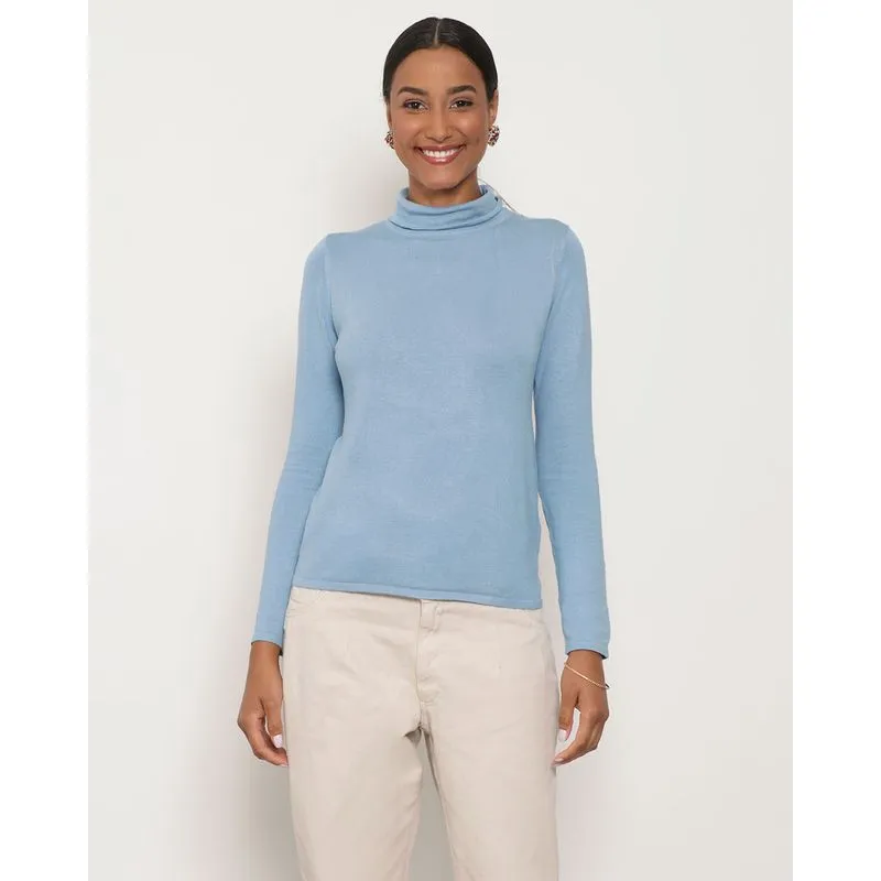 Suéter Feminino Tricô Gola Alta Azul G