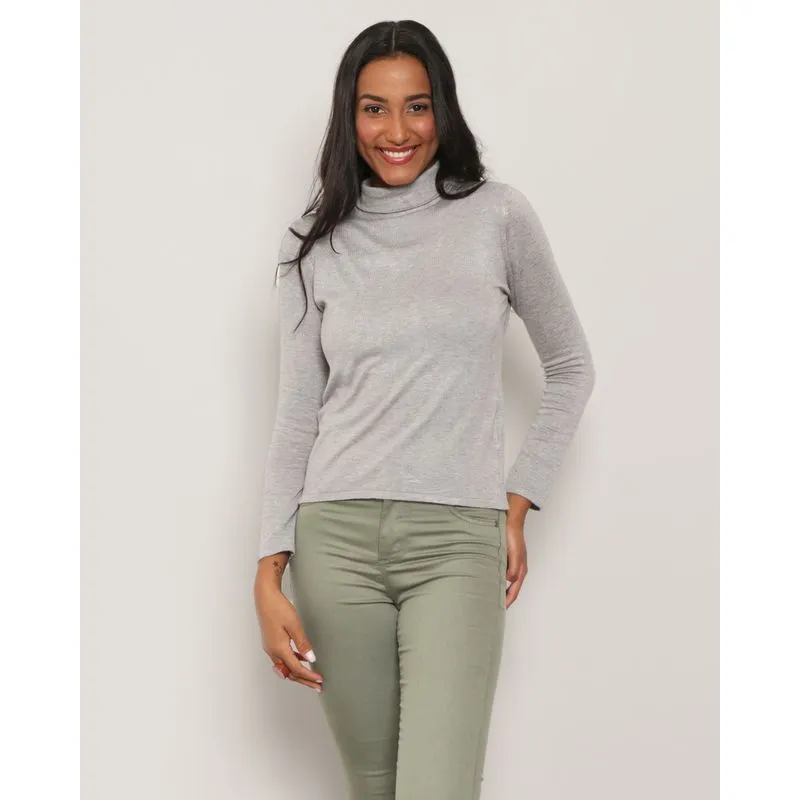 Suéter Feminino Tricô Gola Alta Cinza Claro GG
