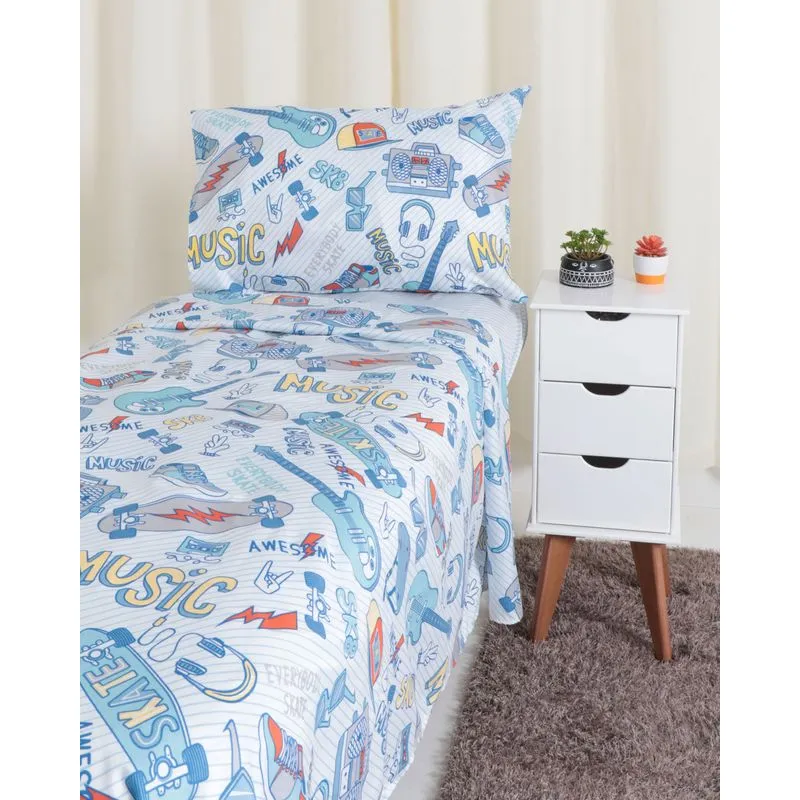 Jogo De Cama Infantil Soft Andreza Kids Skate Music Azul Listrado UN