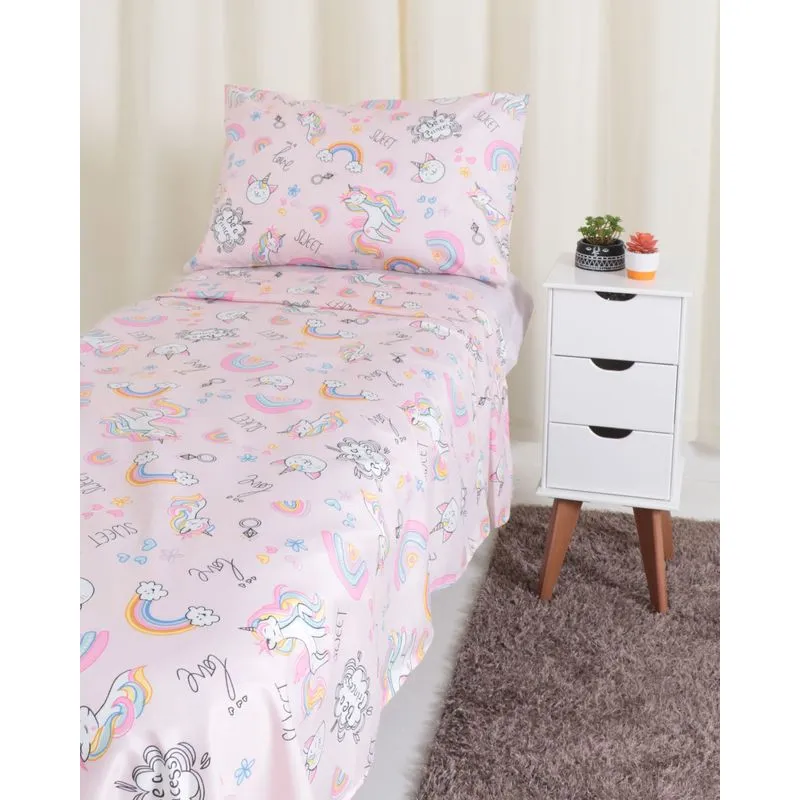 Jogo De Cama Infantil Soft Andreza Kids Unicórnio Sweet Rosa Claro UN