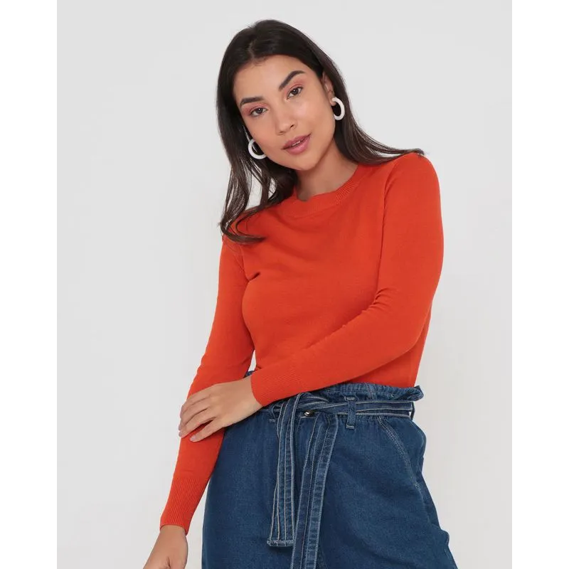 Suéter Feminino Tricô Manga Longa Terracota M