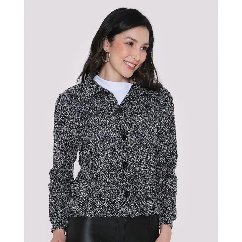 Casaco Feminino Tricô Botões Mescla Escuro M