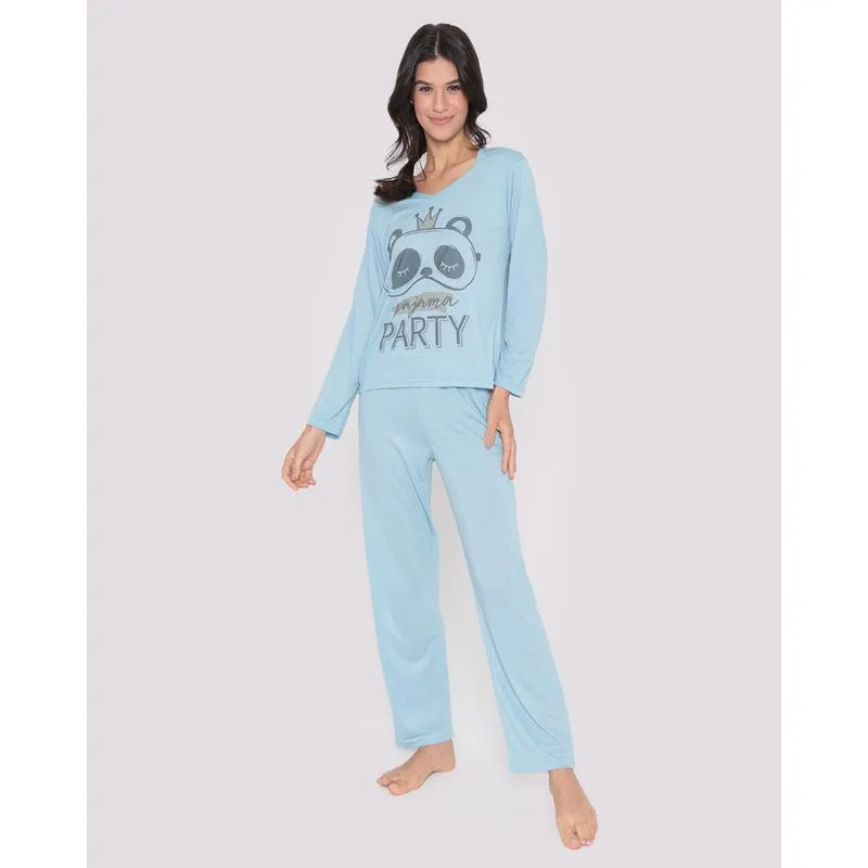 Pijama Feminino Longo Estampa Panda Azul P