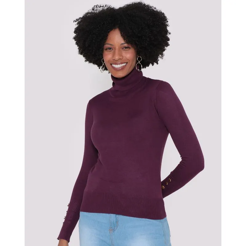 Suéter Feminino Tricô Gola Alta Roxo GG