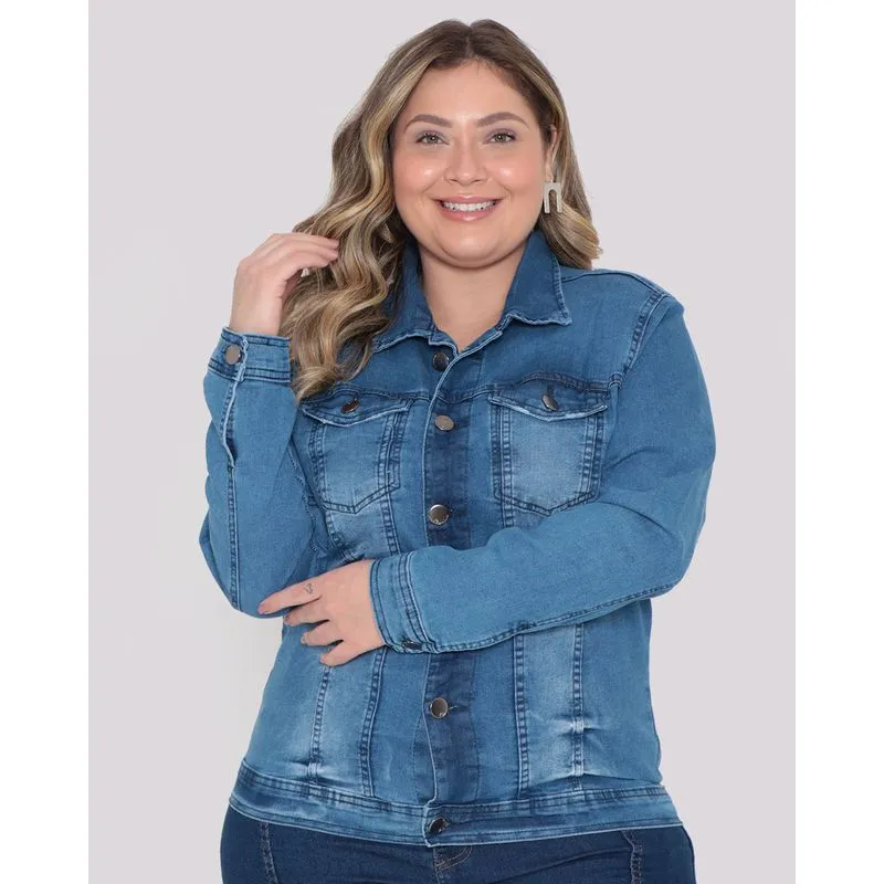 Jaqueta Feminina Jeans Plus Size Com Bolsos Azul Claro G3