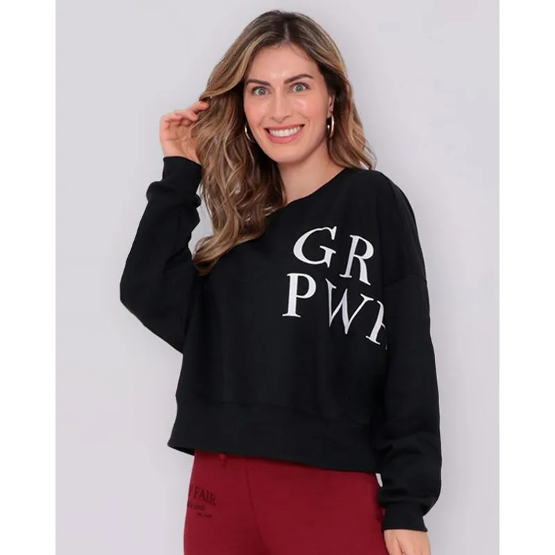 Blusão Feminino Cropped Moletom Girl Power Preta GG