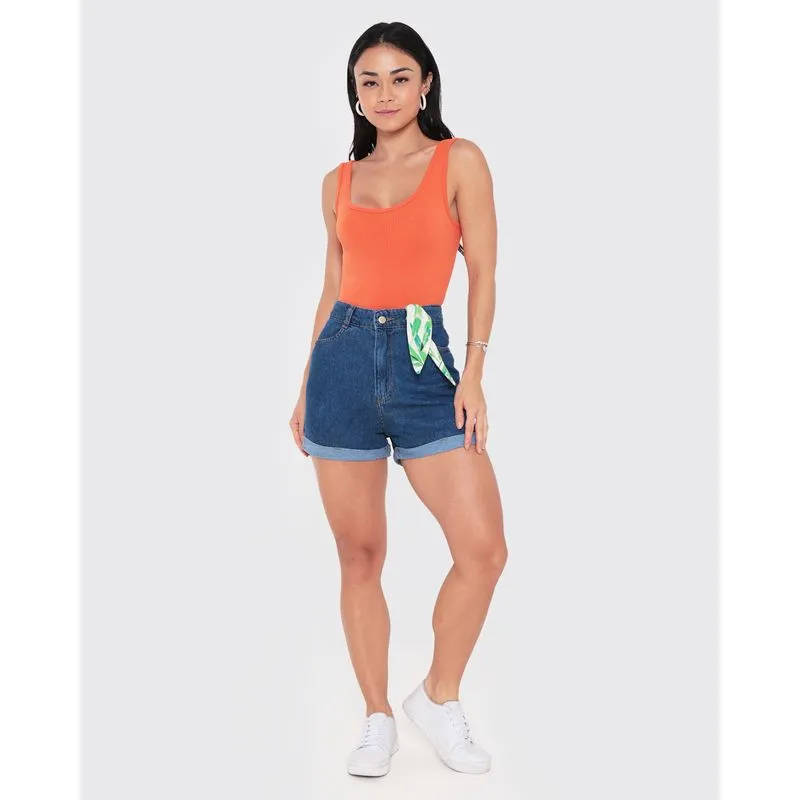 Short Jeans Feminino Vizzy Mom Barra Dobrada Azul 46