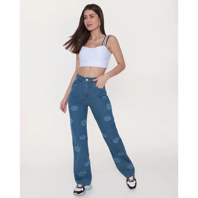 Calça Jeans Feminina Reta Com Estampa Azul 13121001323045UN