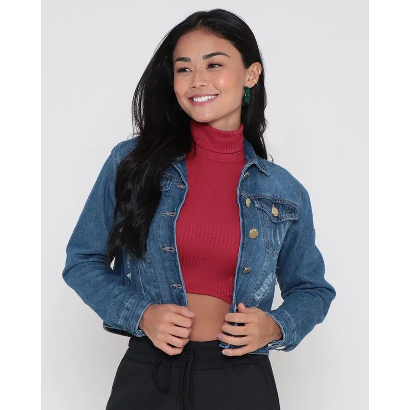 Jaqueta Jeans Feminina Cropped Azul GG