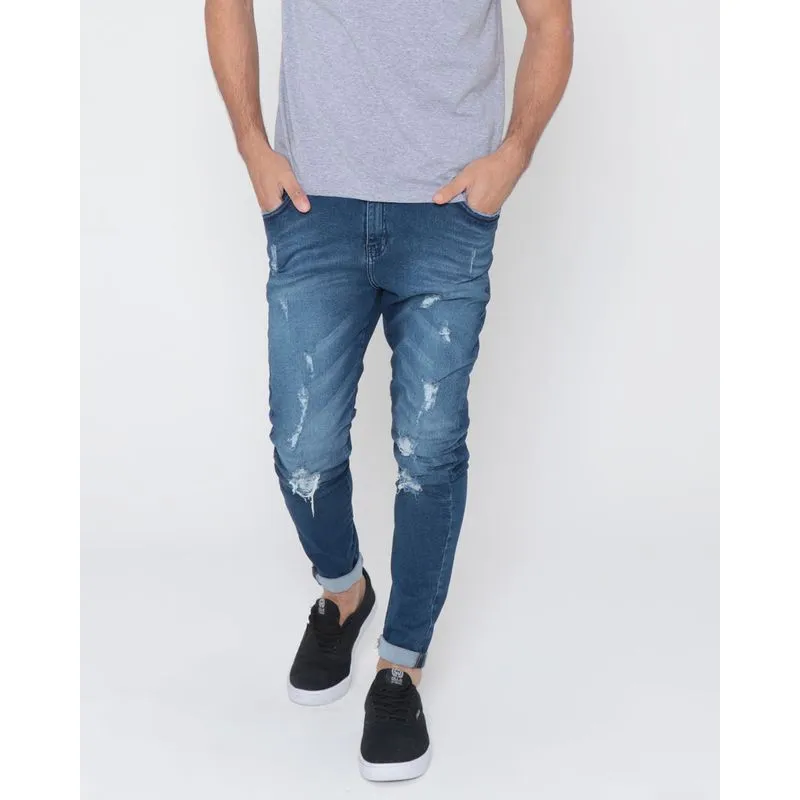 Calça Jeans Masculina Skinny Destroyed Azul Médio 48