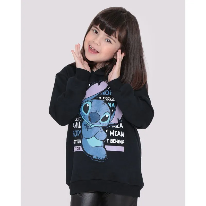 Blusão Moletom Infantil Capuz Stitch Disney Preto 12