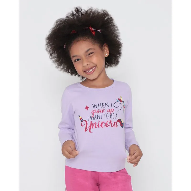 Blusa Infantil Manga Longa Estampa Unicórnio Lilás 8