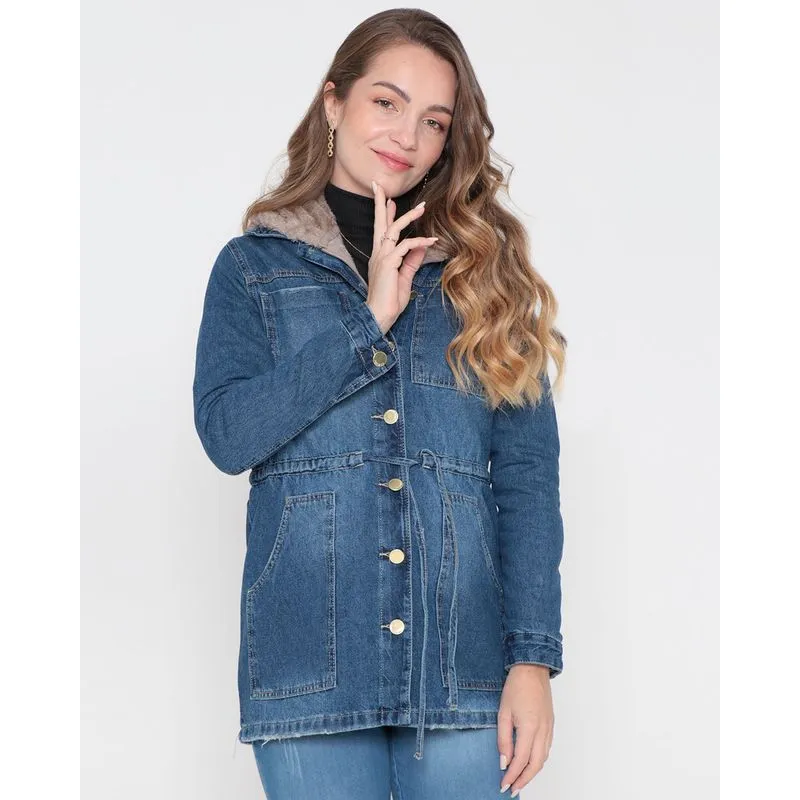 Jaqueta Parka Jeans Feminina Azul Médio M