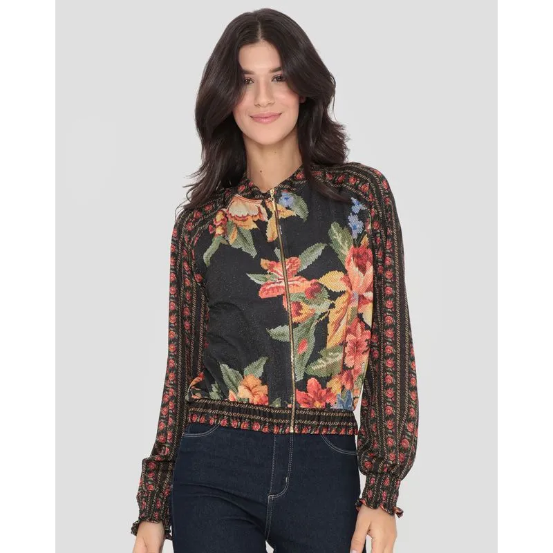 Jaqueta Feminina Bomber Lurex Floral Preta M