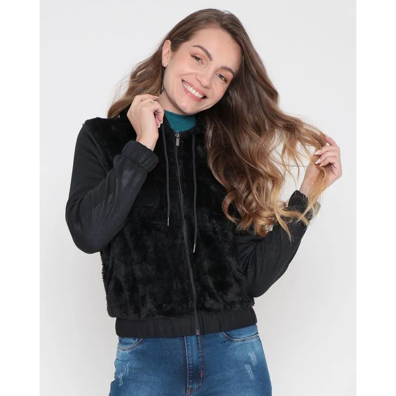 Casaco Pelinho Feminino Recorte Moletom Preto GG