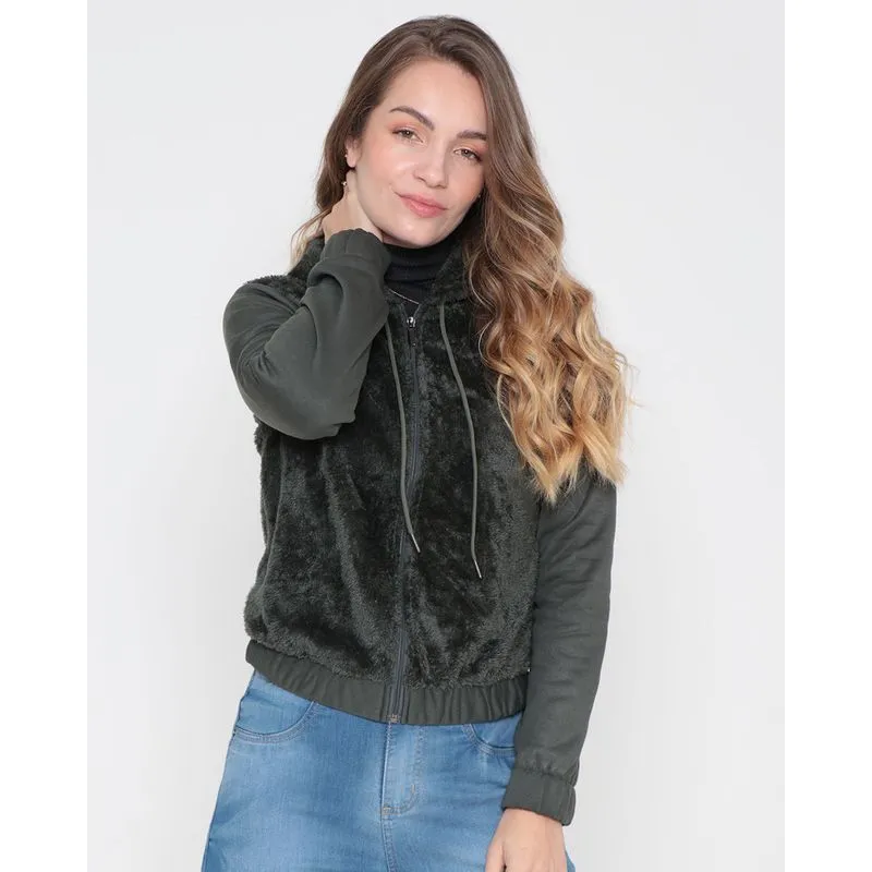 Casaco Feminino Capuz Pelinho Verde Escuro M