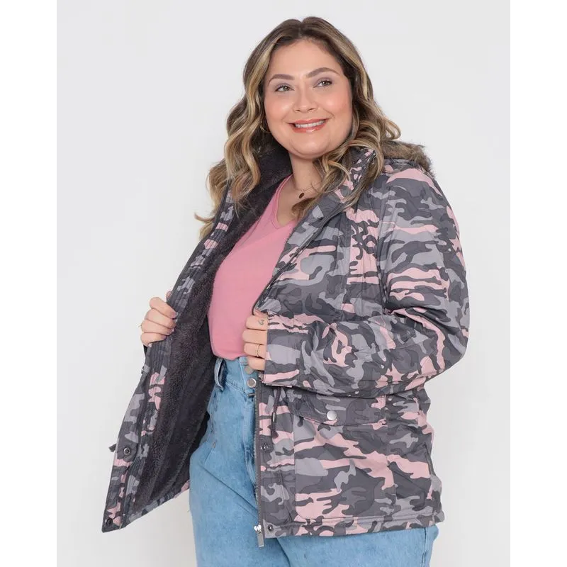 Jaqueta Plus Size Feminina Camuflada Rosa Cinza G3