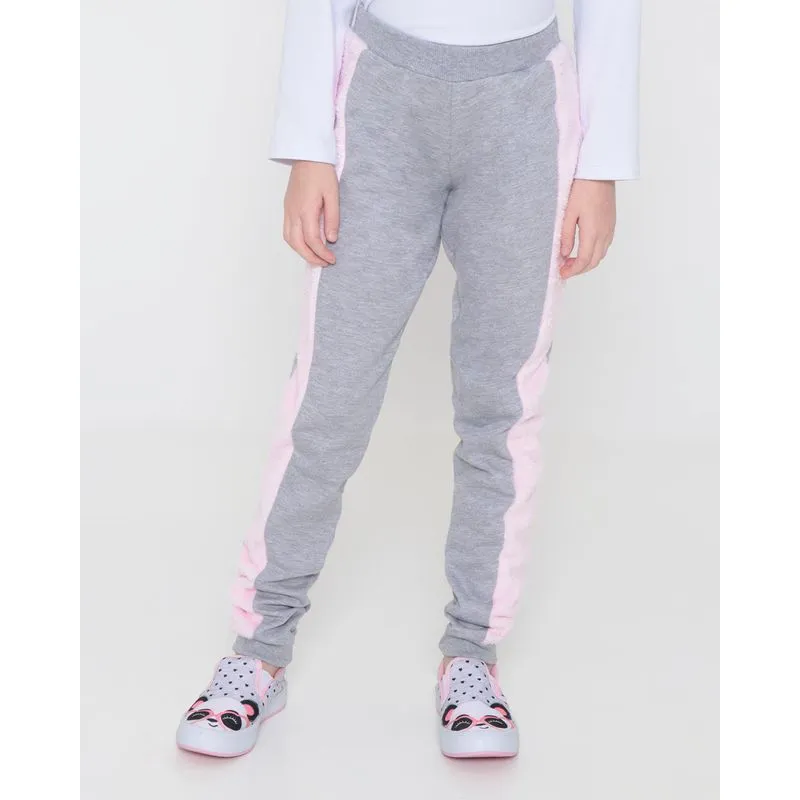 Calça Moletom Infantil Recorte Pelinho Cinza Claro 4