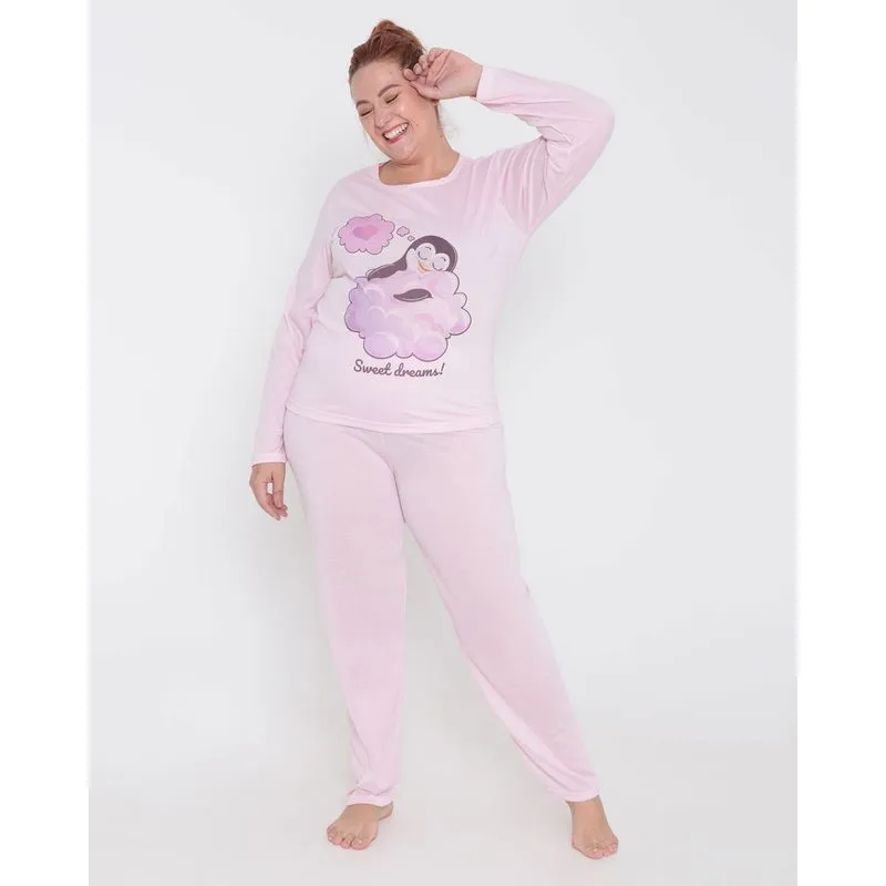 Pijama Feminino Plus Size Longo Pinguim Rosa Claro 52