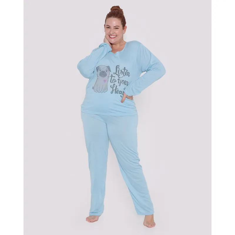Pijama Feminino Plus Size Longo Pug Azul Claro 50