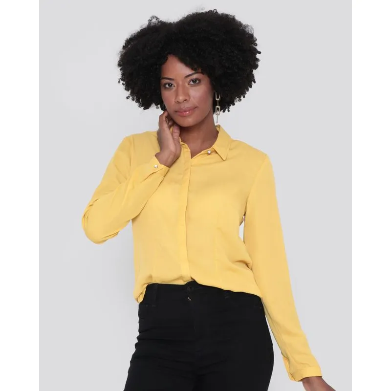 Camisa Feminina Botão Strass Mostarda Médio GG