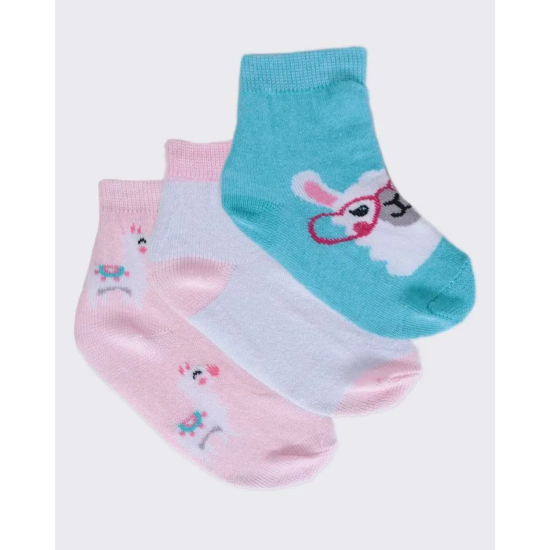 Kit Meia Infantil 3 Pares Lhama Azul Branco Rosa 23 A 26