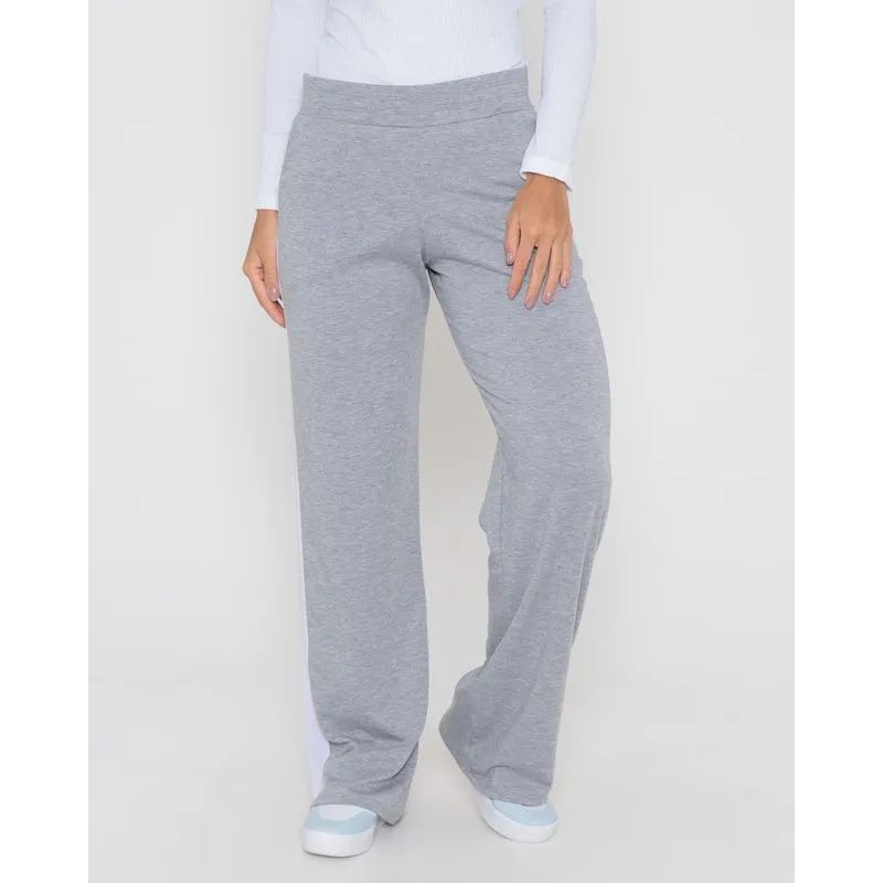 Calça Moletinho Feminina Wide Leg Com Recorte Lateral Cinza Claro P