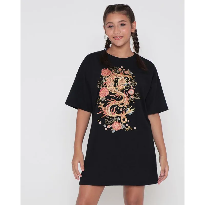 Vestido Juvenil Reto Estampa Dragão Preto 14