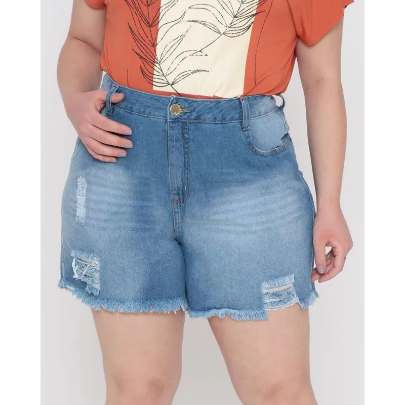 Short Jeans Feminino Plus Size Destroyed Desfiado Azul Claro 52