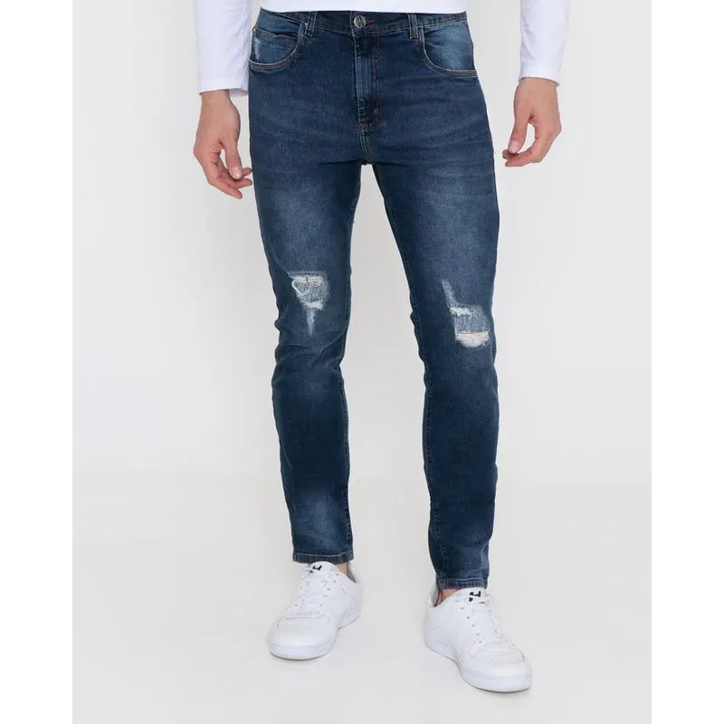 Calça Jeans Masculina Destroyed Slim Azul Médio 48