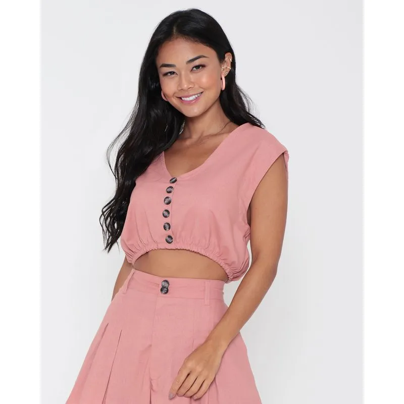 Blusa Cropped Linho Rosa Claro G