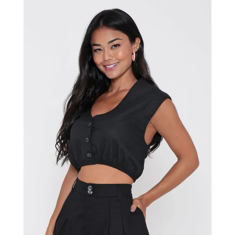 Blusa Cropped Linho Preta P