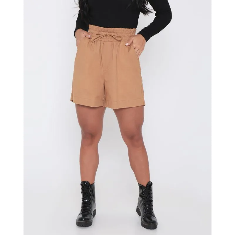 Short Linho Cintura Alta Marrom Claro G