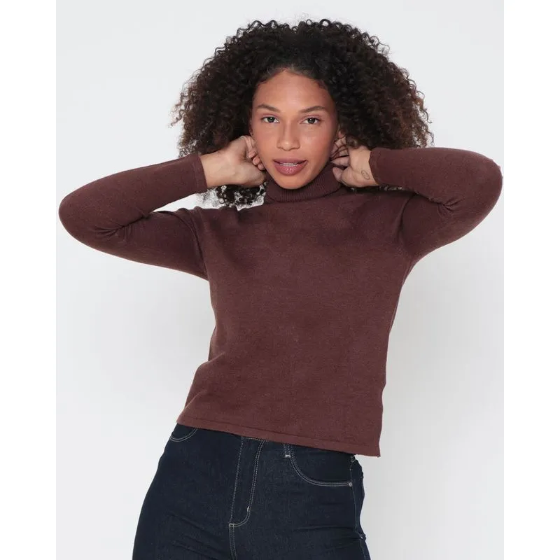 Suéter Feminino Tricô Gola Alta Marrom Escuro G