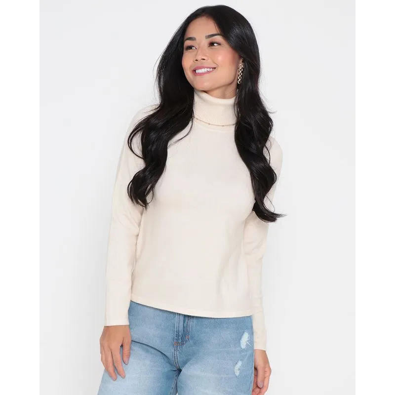 Suéter Feminino Tricô Gola Alta Bege Claro M