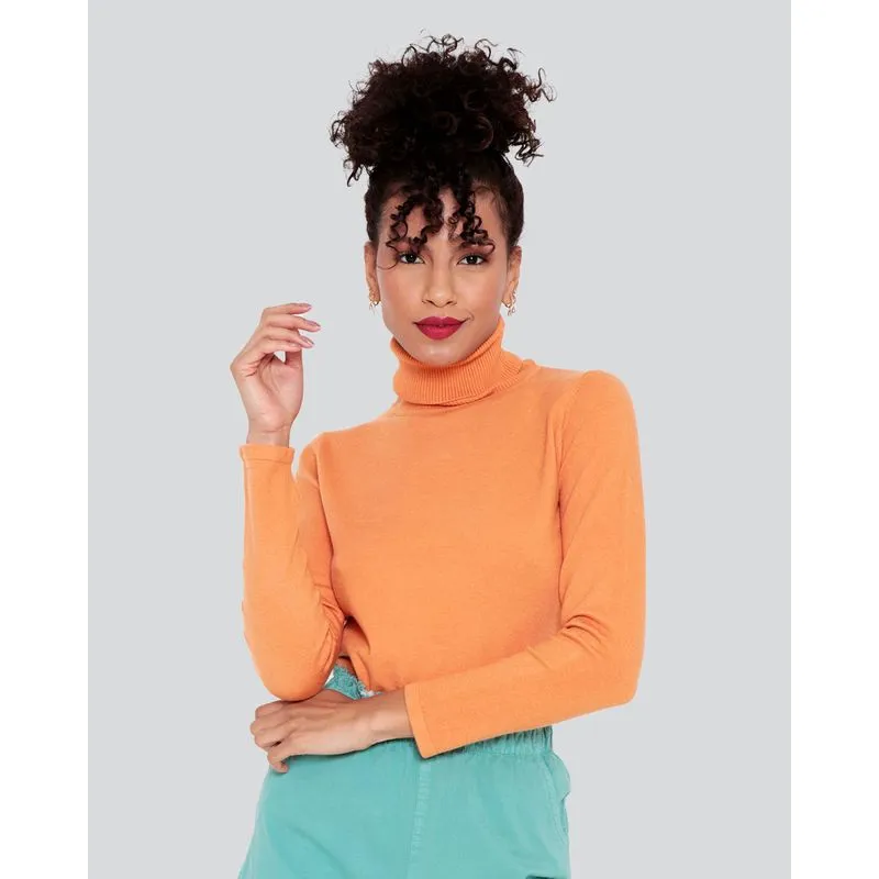 Suéter Feminino Tricô Gola Alta Laranja P