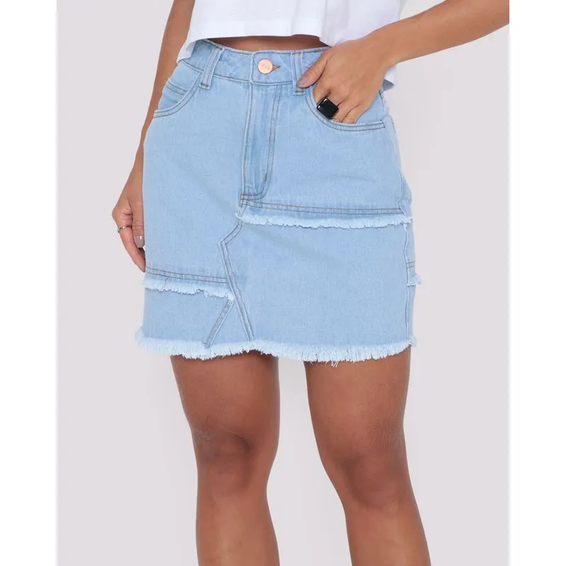 Saia Jeans Feminina Cintura Alta Recortes Azul Claro 42