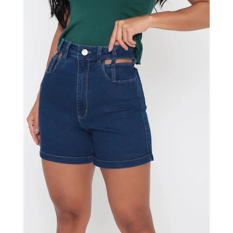 Short Jeans Feminino Hot Pants Vazado Azul 36