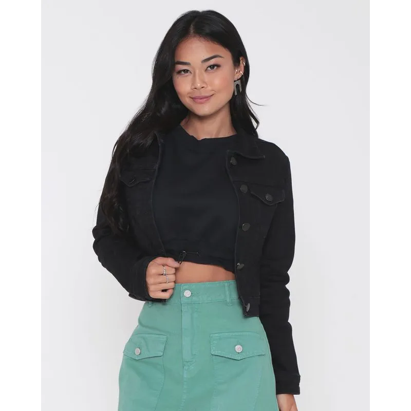 Jaqueta Jeans Feminina Bolsos Preta M